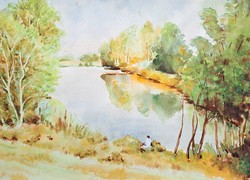 A Sirató-holtág, 1988 - Jakab Ilona - vízparti táj - Hármas-Körös, Békés megye, Békésszentandrás