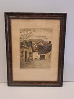 Szignált Paulovits Pál 1892-1975 utolsó levelek Tabán színezett rézkarc metszet