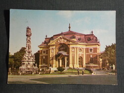 Képeslap, Kecskemét, Katona József színház, szentháromság szobor látkép,részlet, 1963-