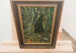 (K) Érdekes figura az erdőben festmény 24x33 cm kerettel