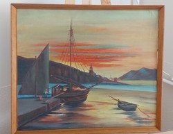 (K) Festmény Csiszár J szignóval 63x53 cm kerettel csónak, vízpart
