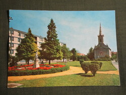 Képeslap,Mezőtúr, Szabadság tér,templom,szökőkút látkép,részlet, 1973-