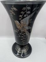 Francia art deco ezüst festett fekete üveg váza,12 x 7cm. 6876