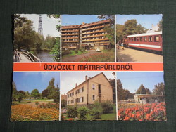 Képeslap, Mátrafüred,mozaik,Avar szálló,hotel,étterem,ÁÉV vasút,kilátó,park látkép,részlet, 1986-