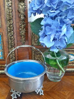 Antique Signed Silver-Plated Alpaca Sugar Bowl with Original Blue Chalcedony Glass Insert
