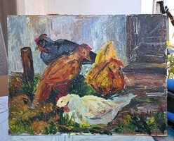 Horváth János: Tyúkok - Orosháza - állatkép, olajfestmény, képcsarnokos