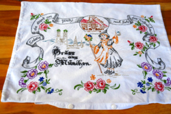 Régi len vászon kézi hímzett párnahuzat kispárnahuzat díszpárna huzat német felirat 45 x 36