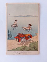 Régi képeslap rajzos levelezőlap 1956 Balaton motor humor