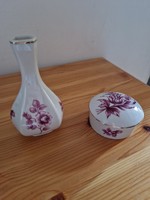 Hollóházi lila virágmintás 11cm magas kis váza és egy 7cm átmérőjű bonbonier