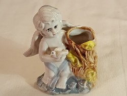 Porcelán ibolya váza angyalka galambbal regi kézimunka kézifestés