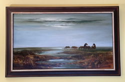 Dér István 1987. Lovak a Hortobágyon jó hangulatú olaj festmény 45 x 80 cm + keret