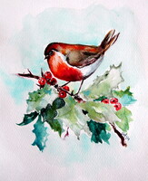 Robin on the tree - watercolor painting / vörösbegy a fán- akvarell festmény