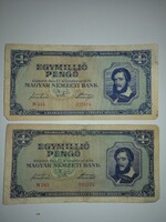 2 db Egymillió pengő 1945, sorszámos