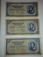 3 db Egymillió pengő 1945, sorszámos