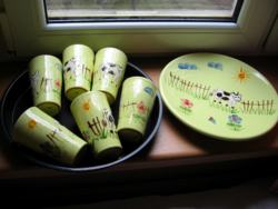Hollóházi hand-painted majolica calf kids breakfast, snack set