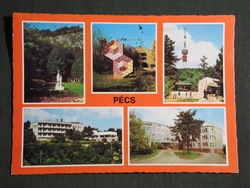 Képeslap,Pécs,mozaik,Tévétorony,Mecsek szálló,Vasarely szobor,szanatórium,állatkert, 1986-