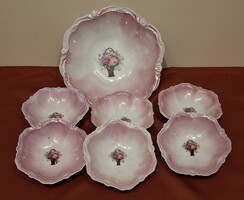 Antik MCP cseh rózsaszín lüsztermázas, rózsakosaras kompótos/salátás készlet