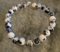 Black, White, Gray Jade Unisex Beaded Bracelet with Buddha Head Ornament