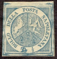 1860 Nápoly, 1/2T, Scott 8, Mi 8, HAMIS! Így is ritka! Tökéletes választás, drága eredeti helyett!