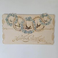 D204339 Szecesszós szivélyes jókívánság  kártya  1900k   fecskék-nefelejts