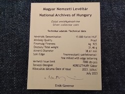 Magyarország Magyar Nemzeti Levéltár .925 Ezüst 15000 Forint 2023 Tanúsítvány