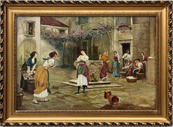 Eugene von Blaas (olasz, 1843-1932) követőjének restaurált kvalitásos antik festménye a 19. század v