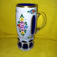 Beautiful, multi-layered, peeled, Biedermeier style, glass glass, goblet, pitcher, decorative glass.