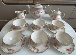 Zsolnay antik pajzspecsétes barokk rózsamintás arany tollazott porcelán teáskészlet