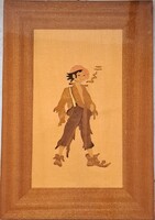 Régi intarziakép csavargó fiú. Mérete: 23x34 cm.Kifogástalan állapotú