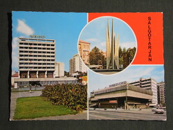 Képeslap,Salgótarján,mozaik,hősi emlékmű,vár,Karancs szálló,hotel,Pécskő áruház, 1983-