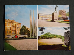 Képeslap,Salgótarján,mozaik,hősi emlékmű,vár,Karancs szálló,hotel,Ikarus autóbusz, 1973-