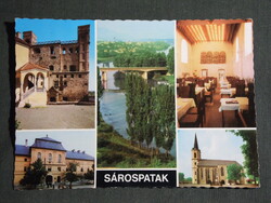 Képeslap,Sárospatak,mozaik,Rákóczi vár,lakótorony,étterem,templom,Bodrog híd látkép,részlet, 1976-