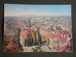 Képeslap,Sopron, Beloiannisz tér,templom,szentháromság szobor látkép,részlet, 1973-
