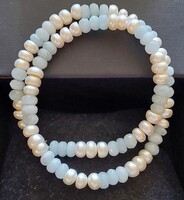 Gyönyörű akvamarin, tenyésztett gyöngy nyaklánc ezüst szerelékkel, fazettált csiszolású