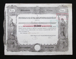 Pesti Hazai Első Takarékpénztár-Egyesület részvény 20000 korona 1924 / 100 pengő 1926