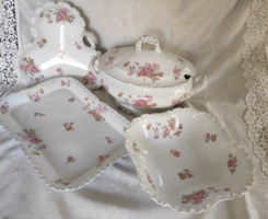 Több mint 100 éves gyönyörű vintage rózsa mintás antik német porcelán kínáló tálak 5 részes