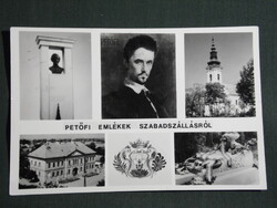 Képeslap,Szabadszállás,mozaik,Petőfi szobor,tanácsháza,Róm. kat. templom,utca látkép,részlet 1983-