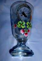 Bider stíl zománcfestett-fecske-virág motívum vastag falú talpas  üveg kúra pohár