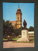 Képeslap,Szentes,Kossuth tér,szobor,templom,utca,tér,park látkép, részlet, 1973-