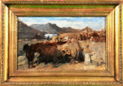 August Xaver Karl von Pettenkofen (1822–1889)-nek tulajdonitva, piac Szolnok mellett, olajfestmény