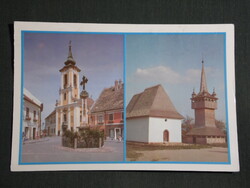 Képeslap,Szentendre,mozaik,Marx tér a Pestis kereszttel,skanzen,fatorony látkép, részlet, 1989-