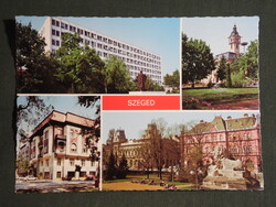 Postcard, Szeged, mosaic, Lenin statue, city hall, university, park, lion statue, street detail, 1983-