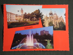 Postcard, Szeged, mosaic, city hall, synagogue, park, fountain, details, 1979-