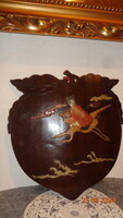 Japanese wall decoration, wood panel with carved jade stone, deeply embedded in wood, with stone inlays,
