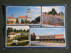Postcard, Tamási, mosaic, town hall, station, Dám hotel, shopping center, beach landscape, detail, 1989-