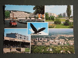 Postcard, Tatabánya, mosaic, Turul statue, hospital, shops, restaurant, housing estate, city view, detail, 1976-
