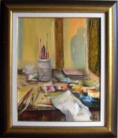 Budai László "Ecsetek" című olaj/farost, 40x50 cm+ keret