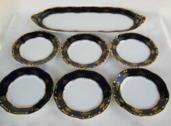 Zsolnay porcelán 6  személyes süteményes szendvicses készlet pompadour mitával  tál +  6 db tányér
