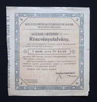 Keleteurópai Forgalmi Bank részvényutalvány 5x400 korona 1923