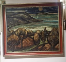 Győrfy Klára "Sajkod holdfényben", műanyagtempera-farost